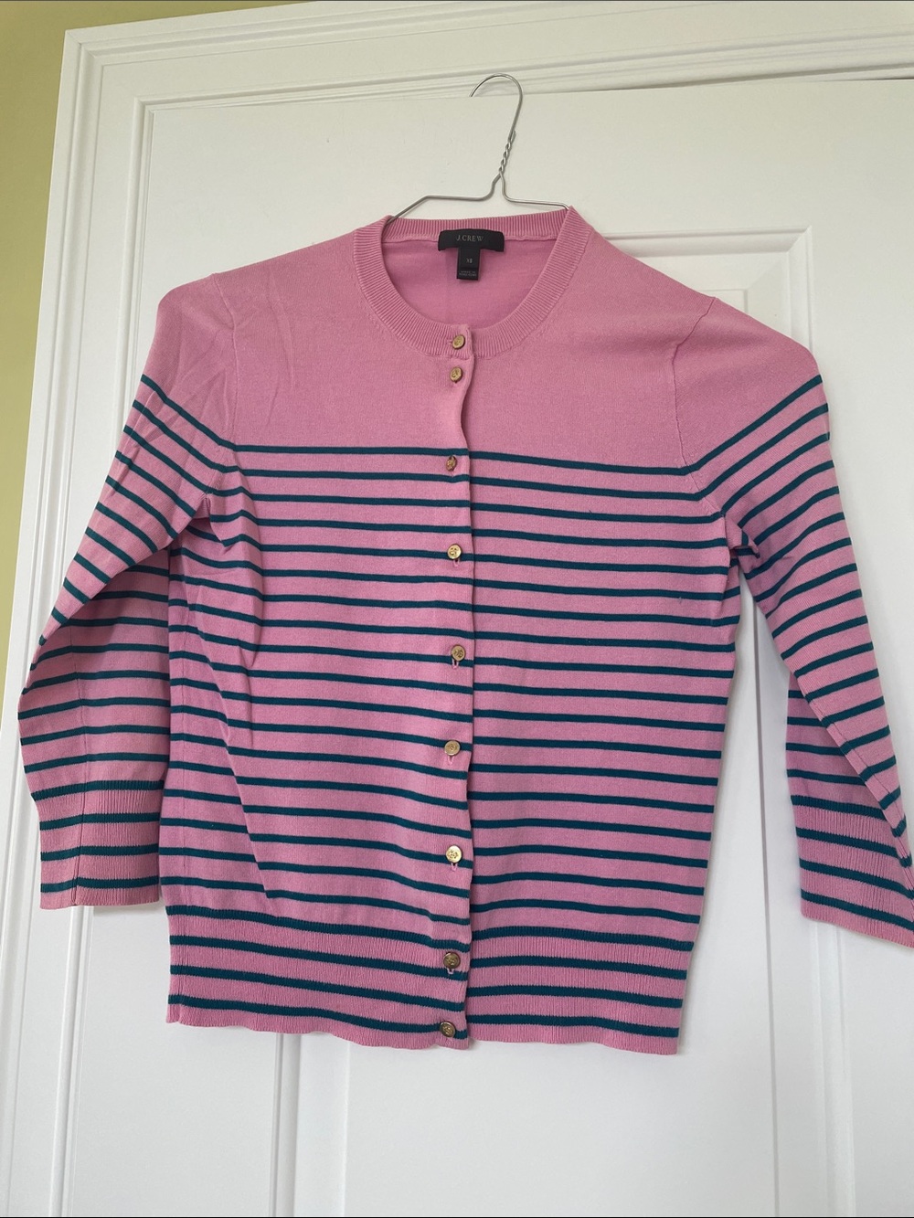 J. Crew Pink and Navy Striped Button-Front Cardigan